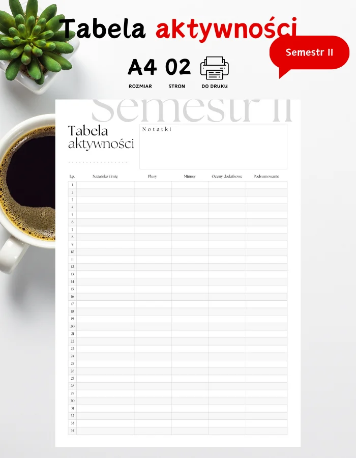 Tabela aktywności minimalistyczna - pionowy Tabela aktywności minimalistyczna
