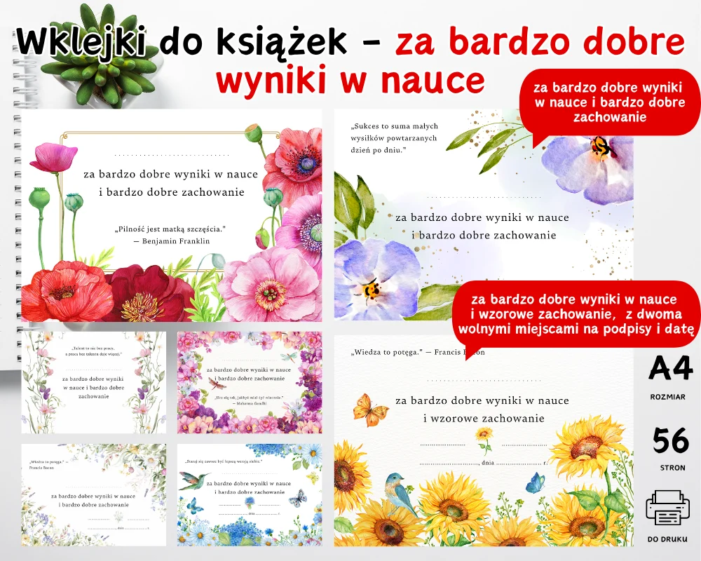 Wklejki do książek za bardzo dobre wyniki w nauce - 7 wzorów w 4 wariantach Wklejki do książek za bardzo dobre wyniki w nauce