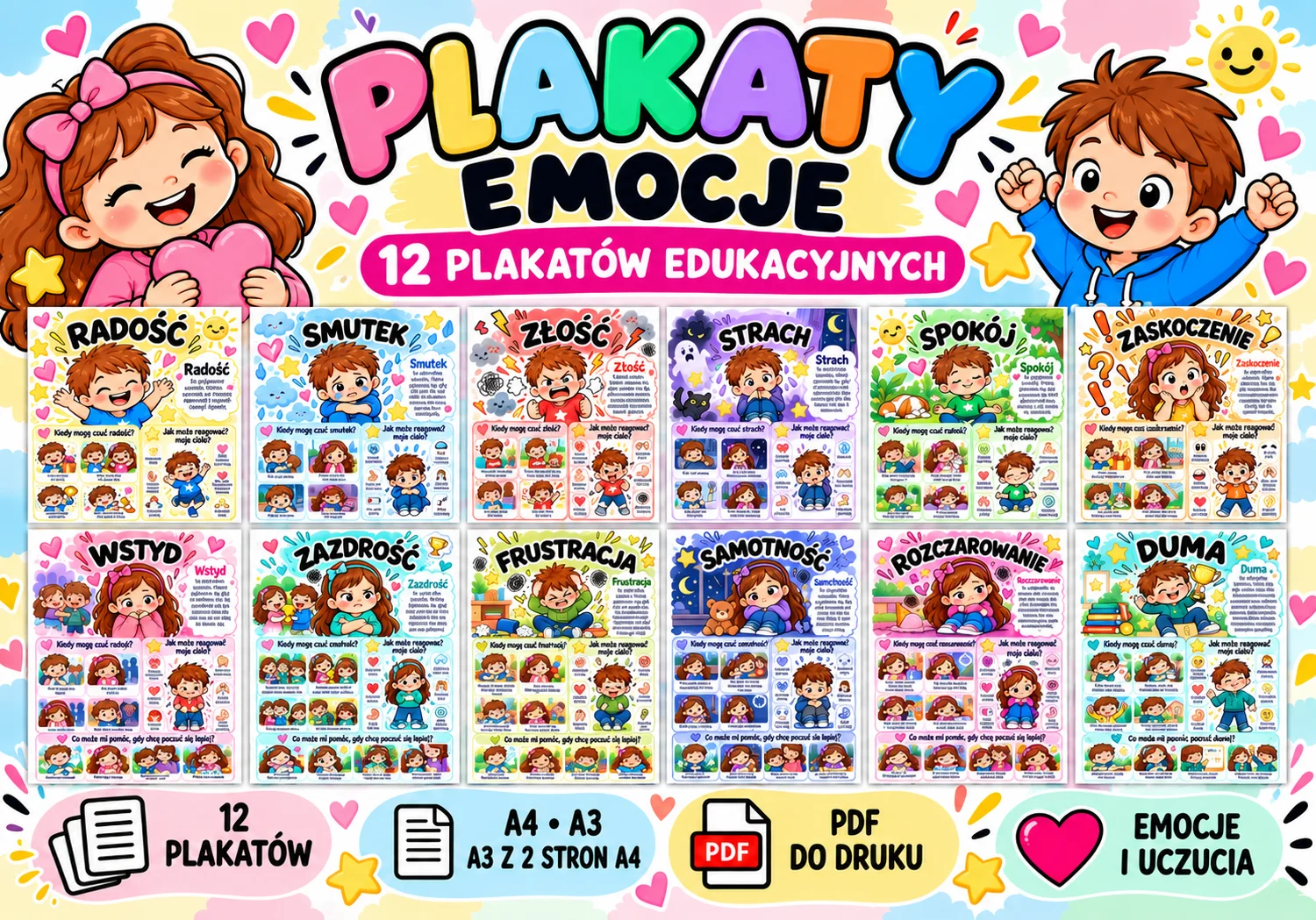 Plakaty edukacyjne Emocje i uczucia – 10 plakatów, rozmiar A3 i A4