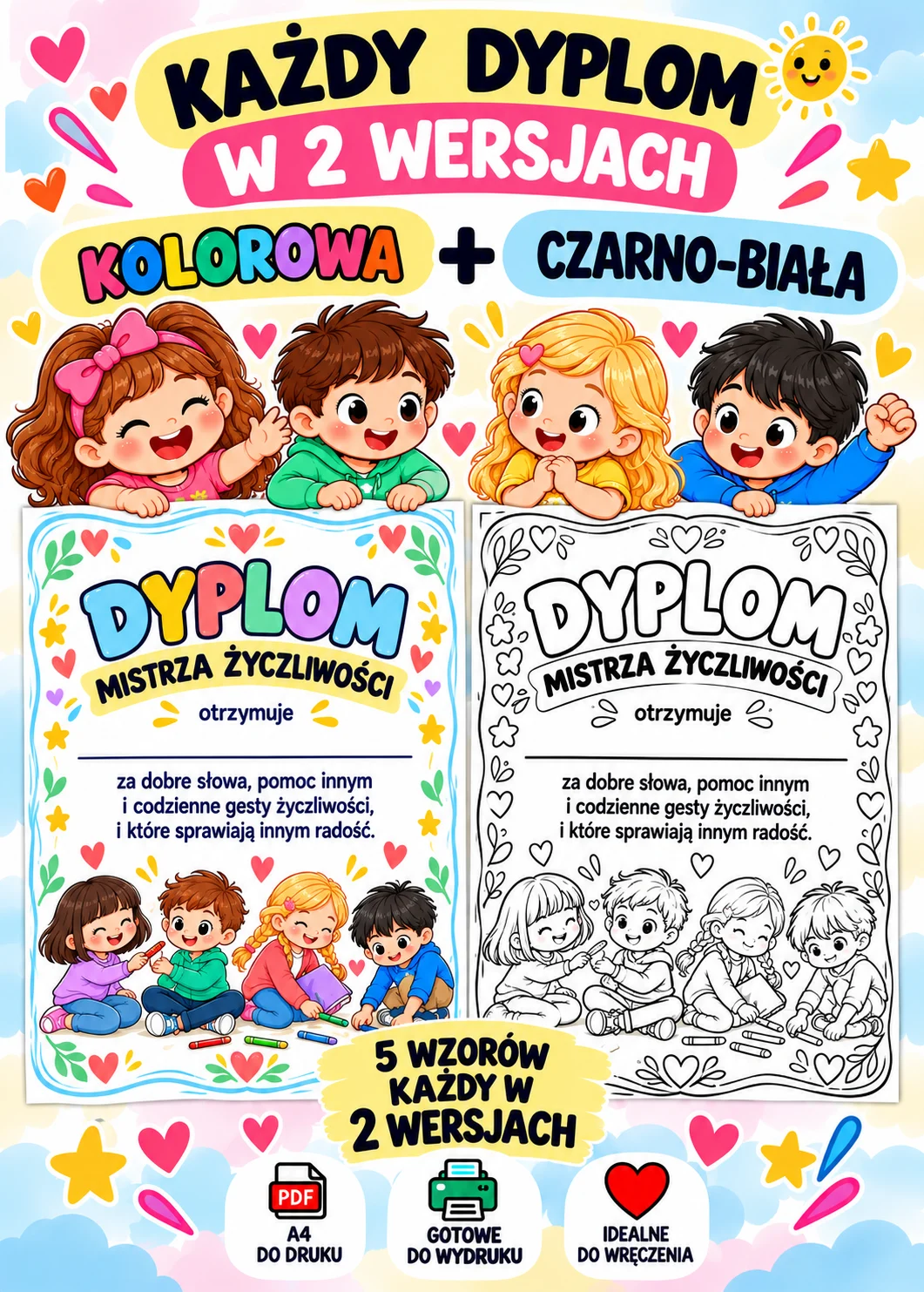 Dyplomy o życzliwości dla dzieci – 10 dyplomów Dyplomy o życzliwości dla dzieci
