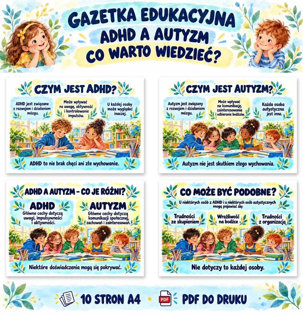 Gazetka - ADHD a autyzm – co warto wiedzieć – 10 stron A4 Gazetka - ADHD a autyzm – co warto wiedzieć