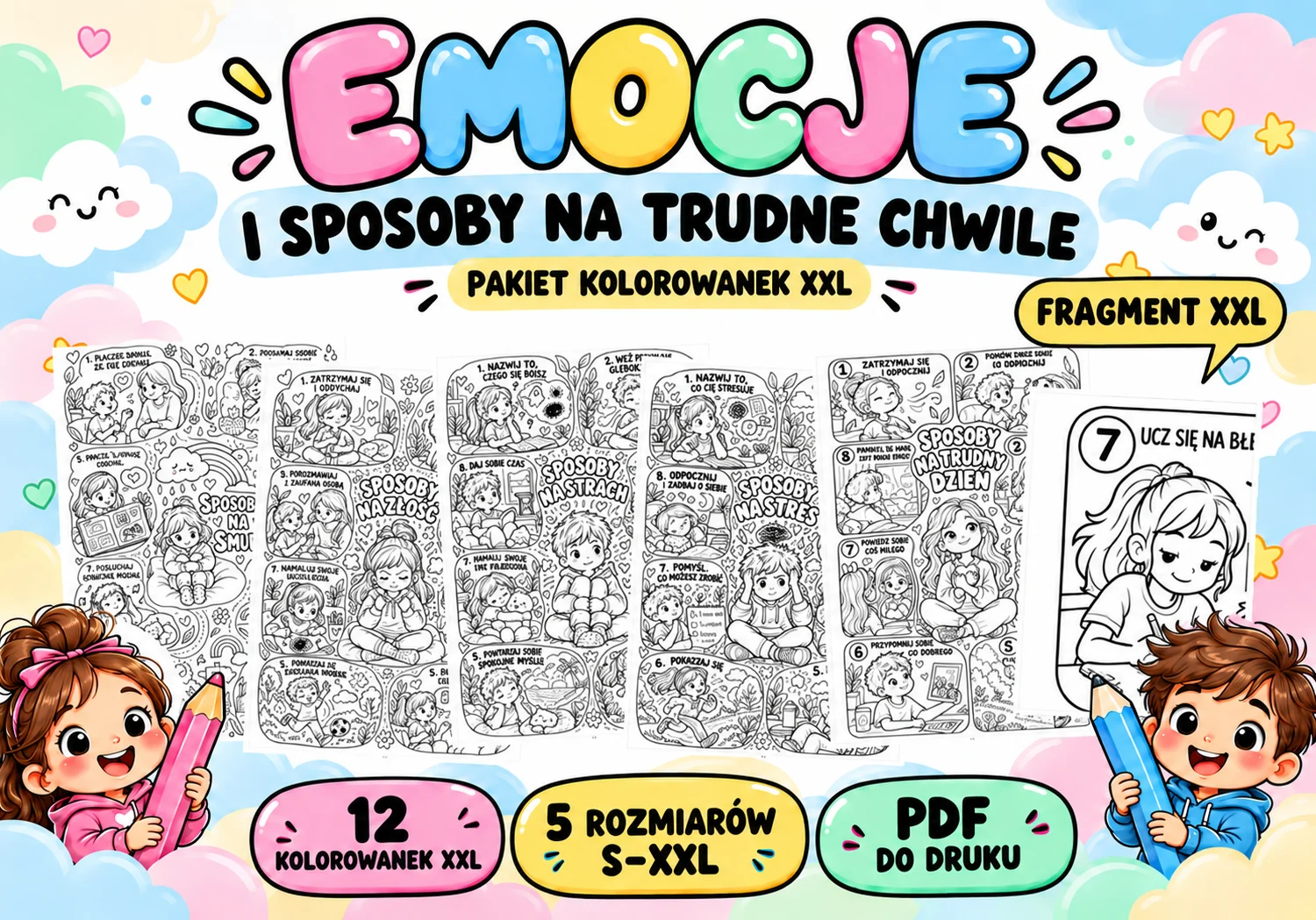 Kolorowanki XXL – emocje i sposoby na trudne chwile – pakiet 12 kolorowanek