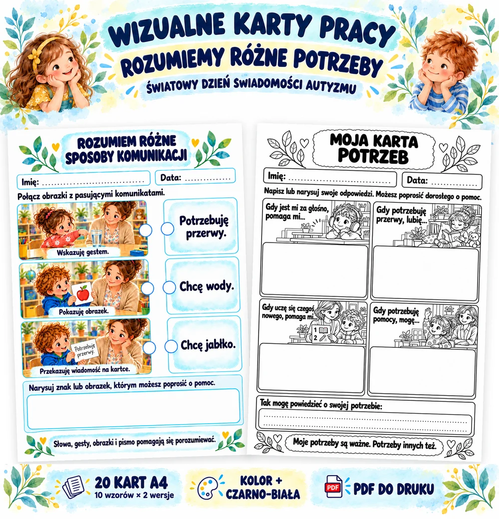 Wizualne karty pracy - autyzm - Rozumiemy różne potrzeby – 20 kart PDF Wizualne karty pracy - autyzm