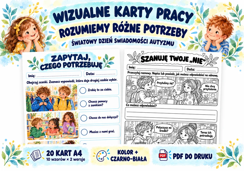 Wizualne karty pracy - autyzm - Rozumiemy różne potrzeby – 20 kart PDF Wizualne karty pracy - autyzm