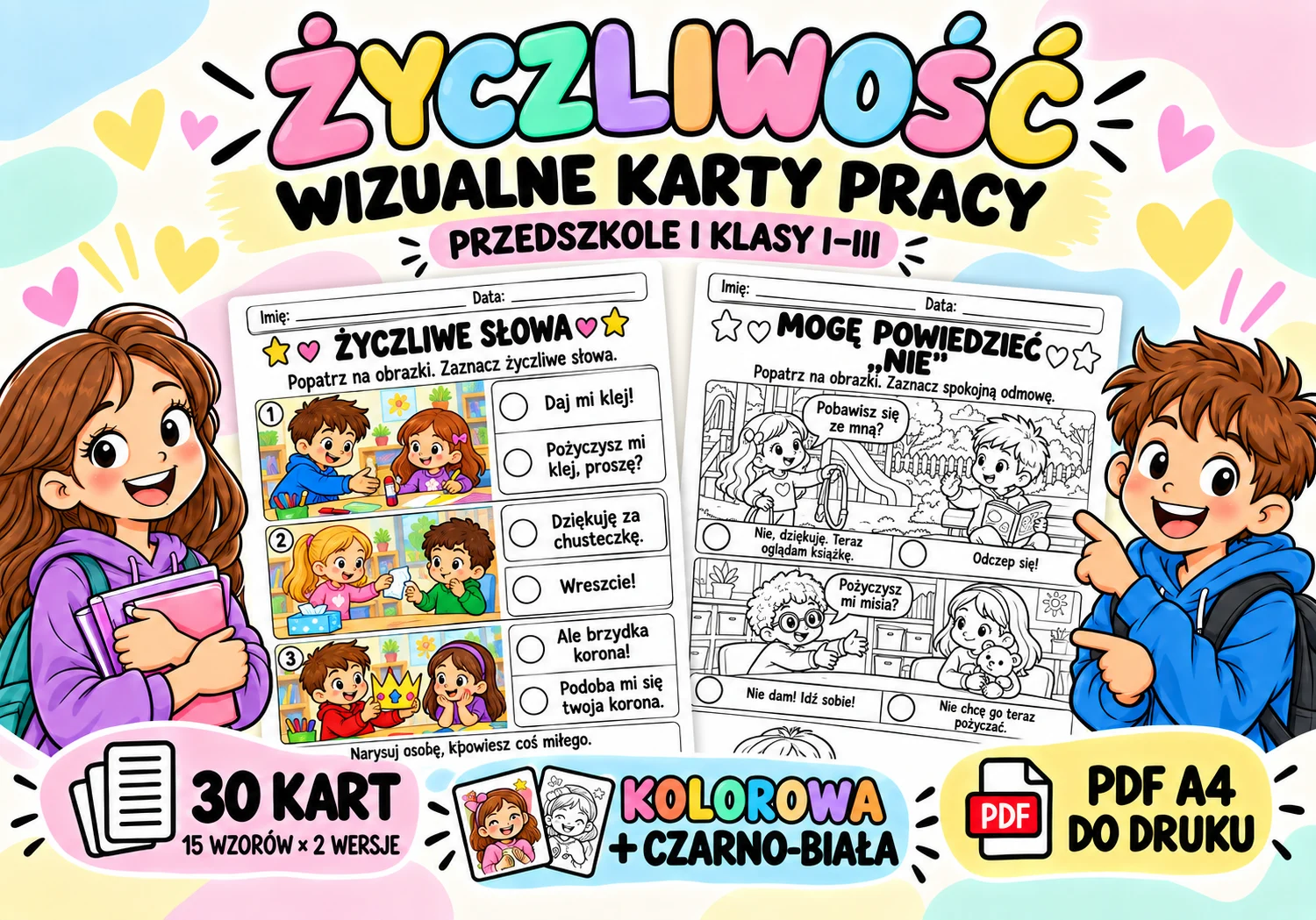 Wizualne karty pracy – życzliwość dla klas I–III – 30 kart