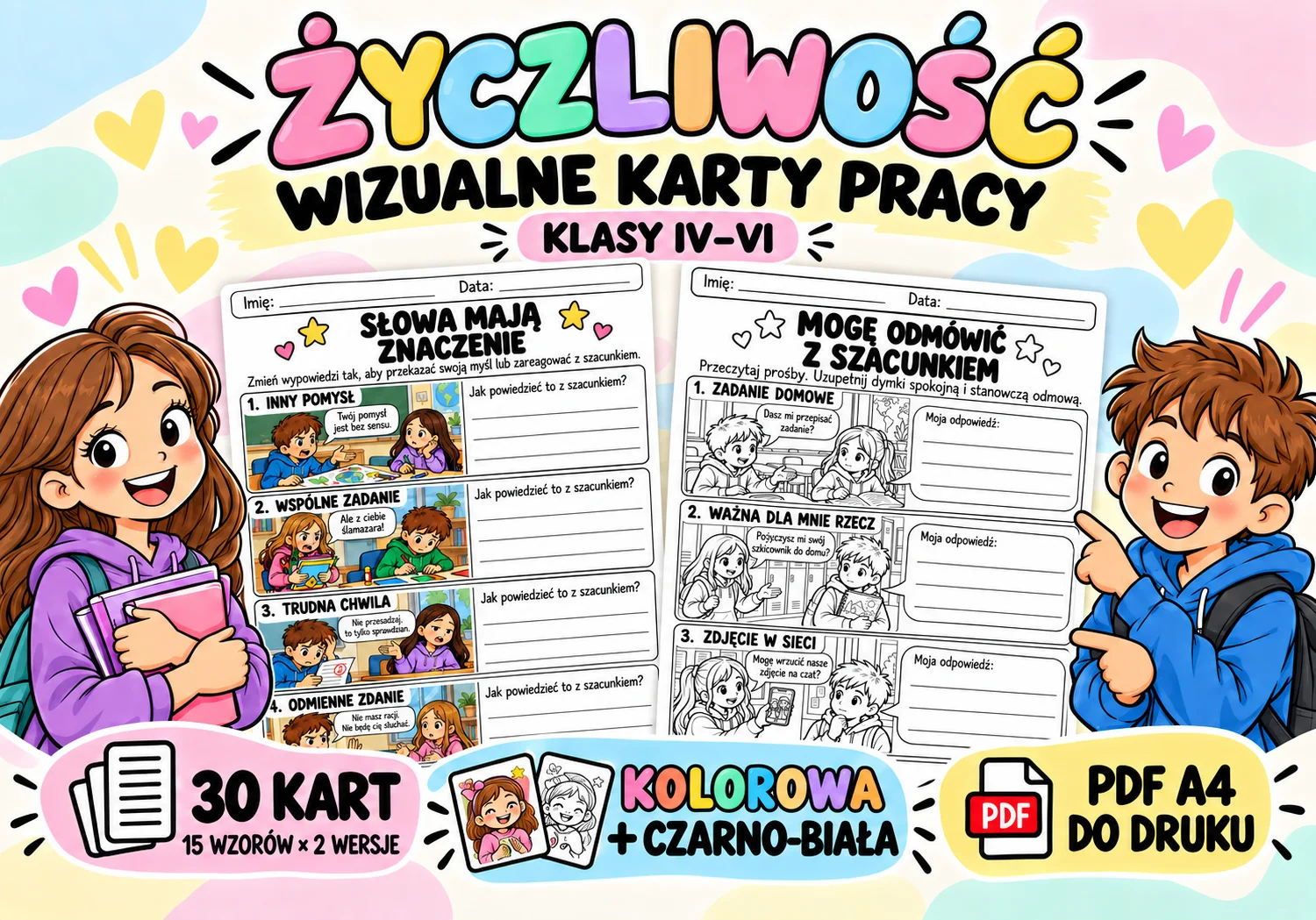 Wizualne karty pracy – życzliwość dla klas IV–VI – 30 kart